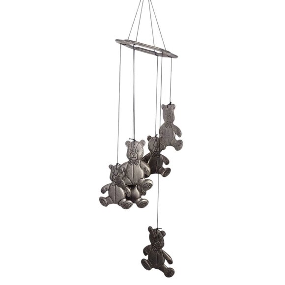 Vintage Pewter Teddy Bear Hanging Wind Chimes Porch Nursery - Picture 1 of 3
